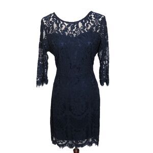 MSLG Navy Blue Stretch Lace 3/4 Sleeve Formal Sheath Dress Size Medium